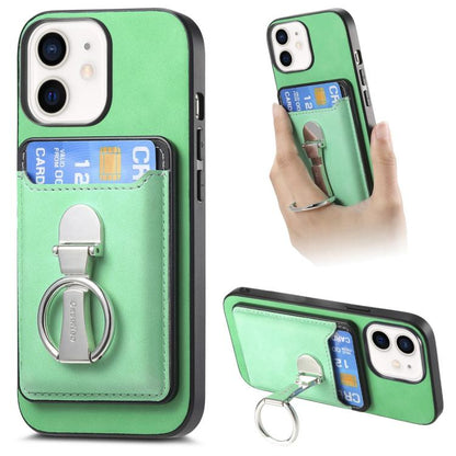 For iPhone 12 Retro Folding Ring Holder Card Bag MagSafe Phone Case(Green) - iPhone 12 / 12 Pro Cases by buy2fix | Online Shopping UK | buy2fix
