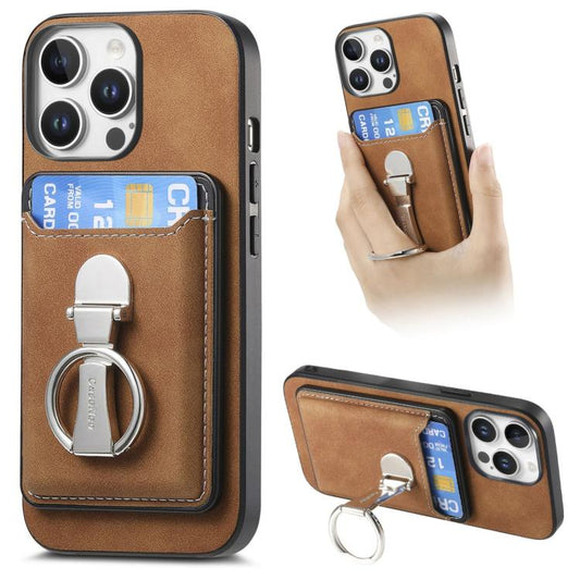 For iPhone 12 Pro Retro Folding Ring Holder Card Bag MagSafe Phone Case(Brown) - iPhone 12 / 12 Pro Cases by buy2fix | Online Shopping UK | buy2fix