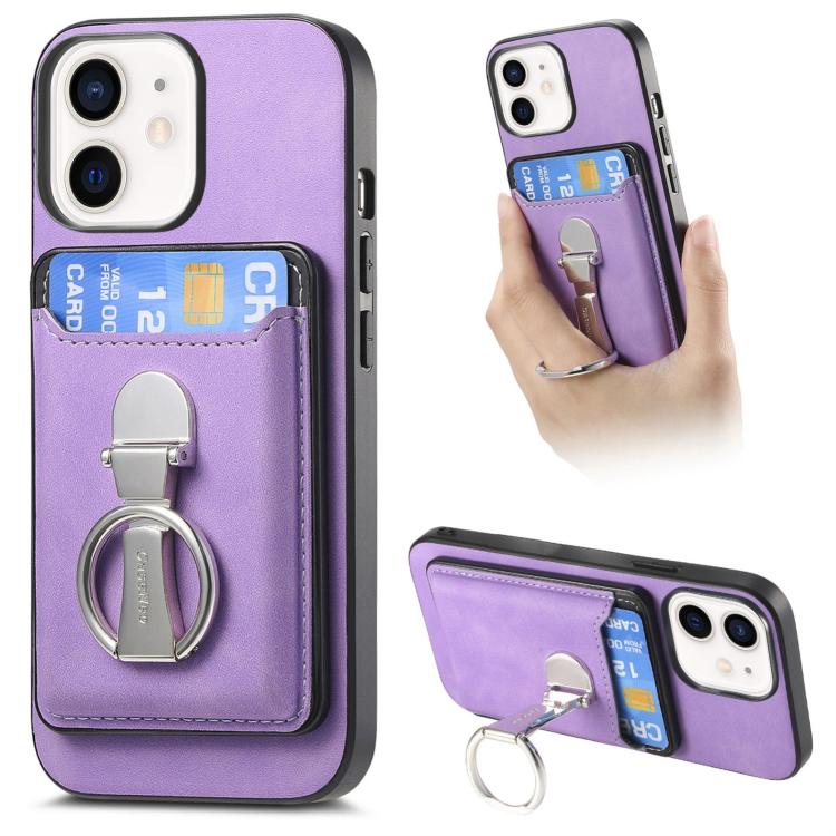 For iPhone 11 Retro Folding Ring Holder Card Bag MagSafe Phone Case(Purple) - iPhone 11 Cases by buy2fix | Online Shopping UK | buy2fix