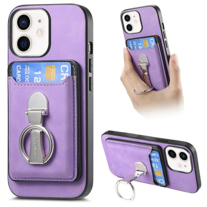 For iPhone 11 Retro Folding Ring Holder Card Bag MagSafe Phone Case(Purple) - iPhone 11 Cases by buy2fix | Online Shopping UK | buy2fix