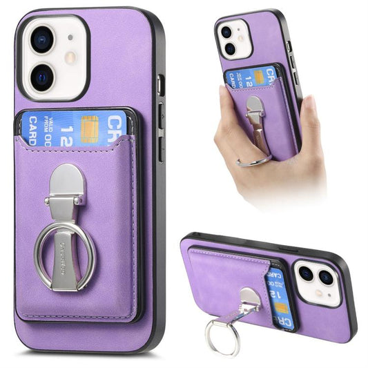 For iPhone 11 Retro Folding Ring Holder Card Bag MagSafe Phone Case(Purple) - iPhone 11 Cases by buy2fix | Online Shopping UK | buy2fix