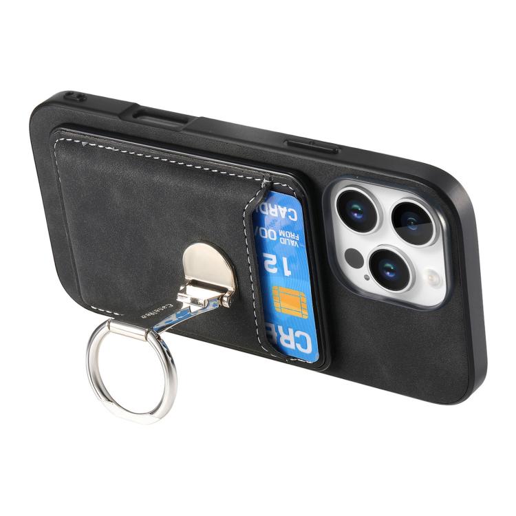 For iPhone 11 Retro Folding Ring Holder Card Bag MagSafe Phone Case(Black) - iPhone 11 Cases by buy2fix | Online Shopping UK | buy2fix