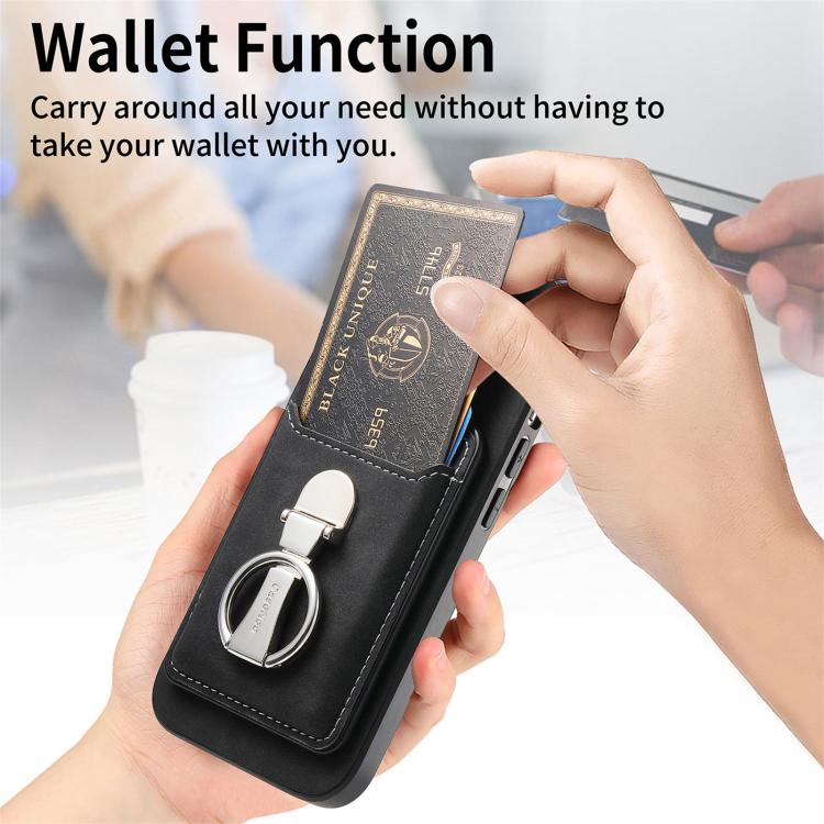 For iPhone 11 Retro Folding Ring Holder Card Bag MagSafe Phone Case(Black) - iPhone 11 Cases by buy2fix | Online Shopping UK | buy2fix
