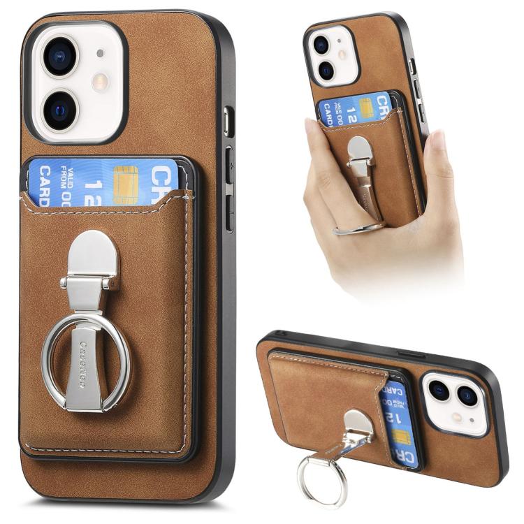 For iPhone 11 Retro Folding Ring Holder Card Bag MagSafe Phone Case(Brown) - iPhone 11 Cases by buy2fix | Online Shopping UK | buy2fix