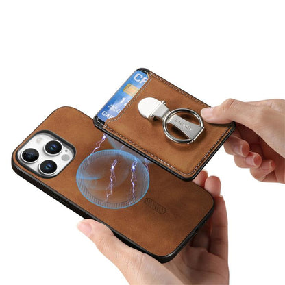 For iPhone 11 Retro Folding Ring Holder Card Bag MagSafe Phone Case(Brown) - iPhone 11 Cases by buy2fix | Online Shopping UK | buy2fix