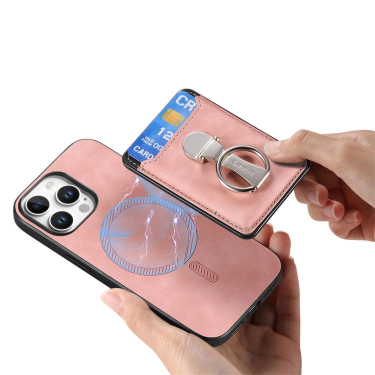 For iPhone 11 Retro Folding Ring Holder Card Bag MagSafe Phone Case(Pink) - iPhone 11 Cases by buy2fix | Online Shopping UK | buy2fix