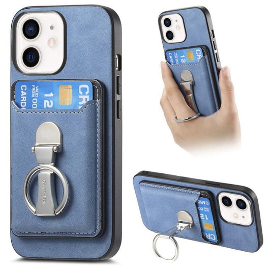 For iPhone 11 Retro Folding Ring Holder Card Bag MagSafe Phone Case(Blue) - iPhone 11 Cases by buy2fix | Online Shopping UK | buy2fix