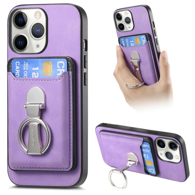 For iPhone 11 Pro Retro Folding Ring Holder Card Bag MagSafe Phone Case(Purple) - iPhone 11 Pro Cases by buy2fix | Online Shopping UK | buy2fix