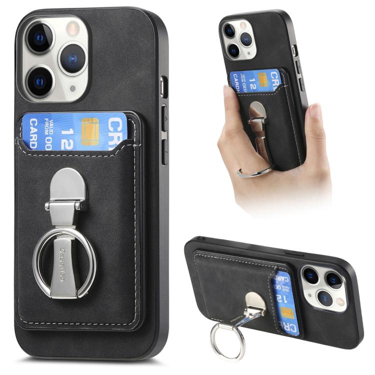 For iPhone 11 Pro Retro Folding Ring Holder Card Bag MagSafe Phone Case(Black) - iPhone 11 Pro Cases by buy2fix | Online Shopping UK | buy2fix
