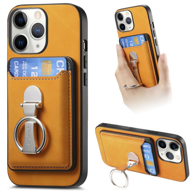 For iPhone 11 Pro Max Retro Folding Ring Holder Card Bag MagSafe Phone Case(Yellow) - iPhone 11 Pro Max Cases by buy2fix | Online Shopping UK | buy2fix