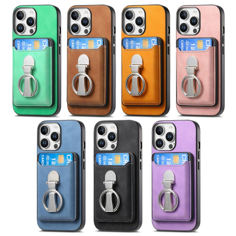 For iPhone 16 Retro Folding Ring Holder Card Bag MagSafe Phone Case(Blue) - iPhone 16 Cases by buy2fix | Online Shopping UK | buy2fix