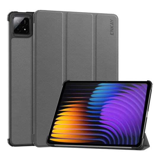 For Xiaomi Pad 7 / 7 Pro 11.2 ENKAY Tri-fold Custer Texture Leather Smart Tablet Case(Grey)