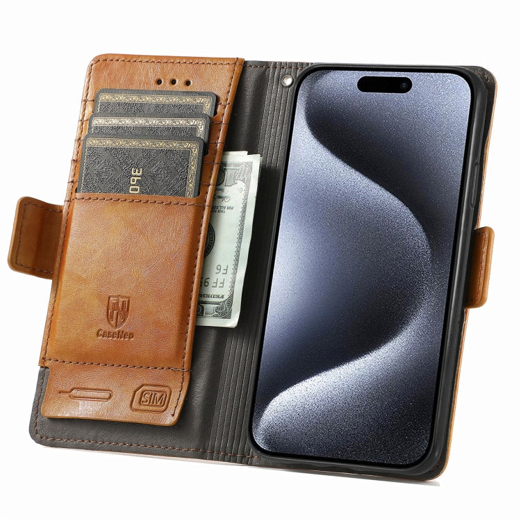 For iPhone 16 Plus CaseNeo Splicing Dual Magnetic Buckle Leather Phone Case(Khaki) - iPhone 16 Plus Cases by buy2fix | Online Shopping UK | buy2fix