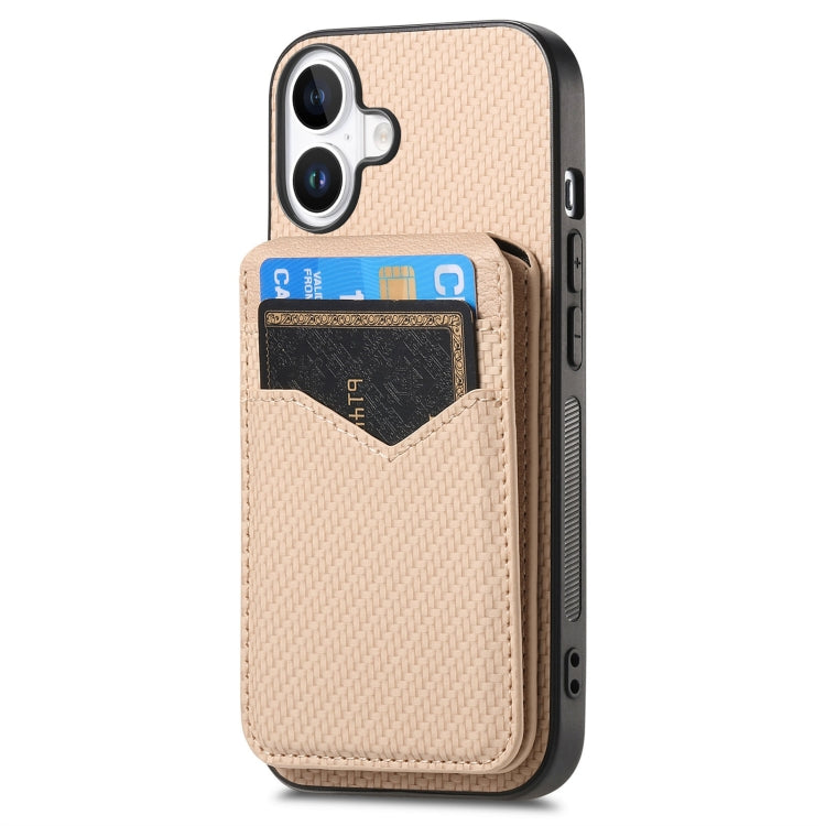 For iPhone 16 Carbon Fiber MagSafe Vertical Flip Card Bag Phone Case(Khaki) - iPhone 16 Cases by buy2fix | Online Shopping UK | buy2fix