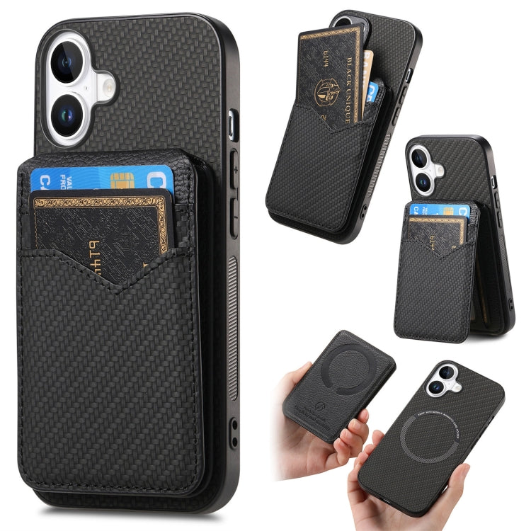 For iPhone 16 Carbon Fiber MagSafe Vertical Flip Card Bag Phone Case(Black) - iPhone 16 Cases by buy2fix | Online Shopping UK | buy2fix
