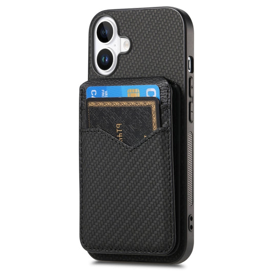 For iPhone 16 Carbon Fiber MagSafe Vertical Flip Card Bag Phone Case(Black) - iPhone 16 Cases by buy2fix | Online Shopping UK | buy2fix