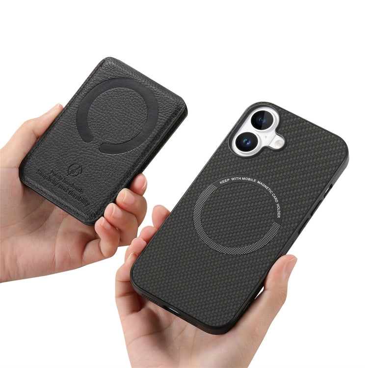 For iPhone 16 Carbon Fiber MagSafe Vertical Flip Card Bag Phone Case(Black) - iPhone 16 Cases by buy2fix | Online Shopping UK | buy2fix