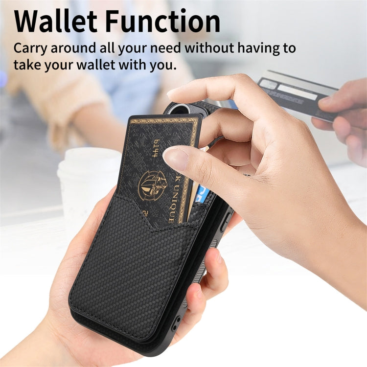For iPhone 16 Carbon Fiber MagSafe Vertical Flip Card Bag Phone Case(Black) - iPhone 16 Cases by buy2fix | Online Shopping UK | buy2fix
