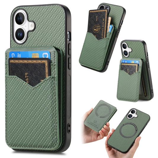 For iPhone 16 Carbon Fiber MagSafe Vertical Flip Card Bag Phone Case(Green) - iPhone 16 Cases by buy2fix | Online Shopping UK | buy2fix