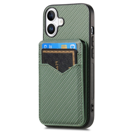 For iPhone 16 Carbon Fiber MagSafe Vertical Flip Card Bag Phone Case(Green) - iPhone 16 Cases by buy2fix | Online Shopping UK | buy2fix