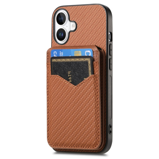 For iPhone 16 Carbon Fiber MagSafe Vertical Flip Card Bag Phone Case(Brown) - iPhone 16 Cases by buy2fix | Online Shopping UK | buy2fix