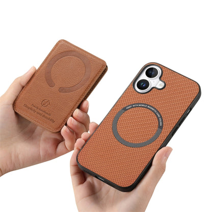 For iPhone 16 Carbon Fiber MagSafe Vertical Flip Card Bag Phone Case(Brown) - iPhone 16 Cases by buy2fix | Online Shopping UK | buy2fix