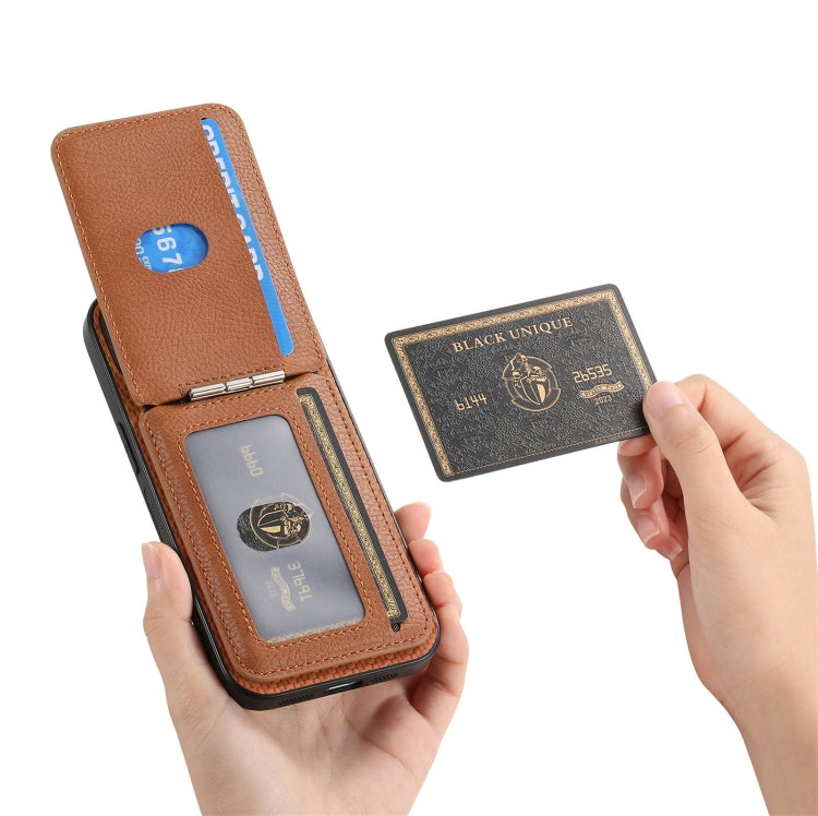 For iPhone 16 Carbon Fiber MagSafe Vertical Flip Card Bag Phone Case(Brown) - iPhone 16 Cases by buy2fix | Online Shopping UK | buy2fix