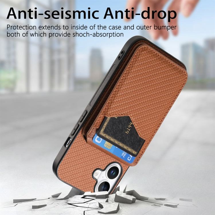 For iPhone 16 Carbon Fiber MagSafe Vertical Flip Card Bag Phone Case(Brown) - iPhone 16 Cases by buy2fix | Online Shopping UK | buy2fix