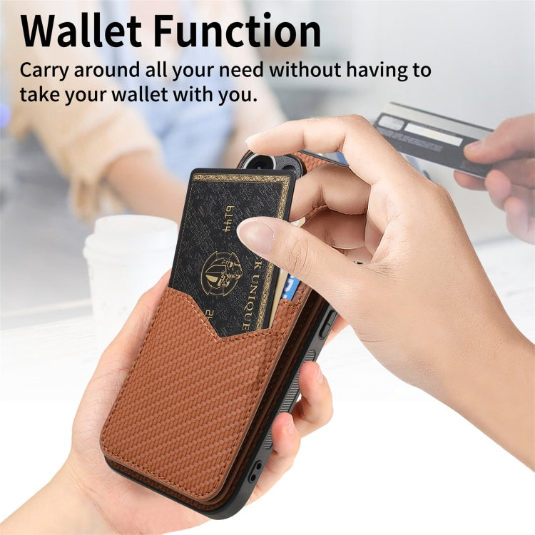 For iPhone 16 Carbon Fiber MagSafe Vertical Flip Card Bag Phone Case(Brown) - iPhone 16 Cases by buy2fix | Online Shopping UK | buy2fix