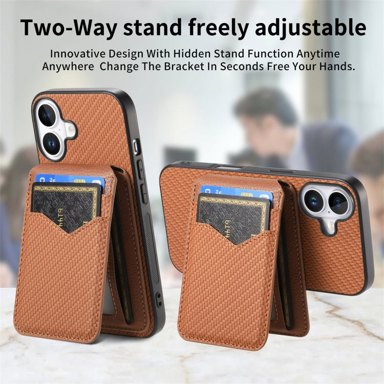 For iPhone 16 Carbon Fiber MagSafe Vertical Flip Card Bag Phone Case(Brown) - iPhone 16 Cases by buy2fix | Online Shopping UK | buy2fix