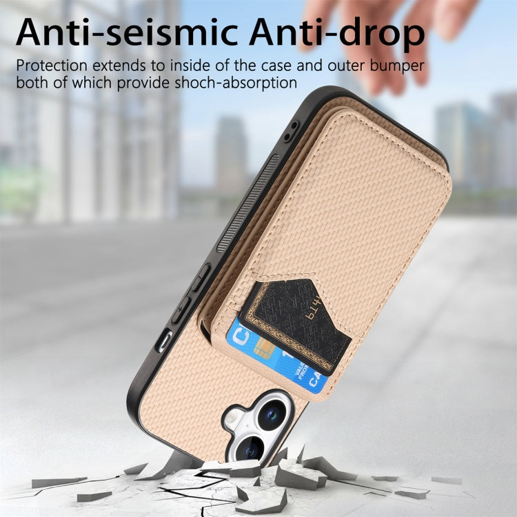 For iPhone 16 Plus Carbon Fiber MagSafe Vertical Flip Card Bag Phone Case(Khaki) - iPhone 16 Plus Cases by buy2fix | Online Shopping UK | buy2fix