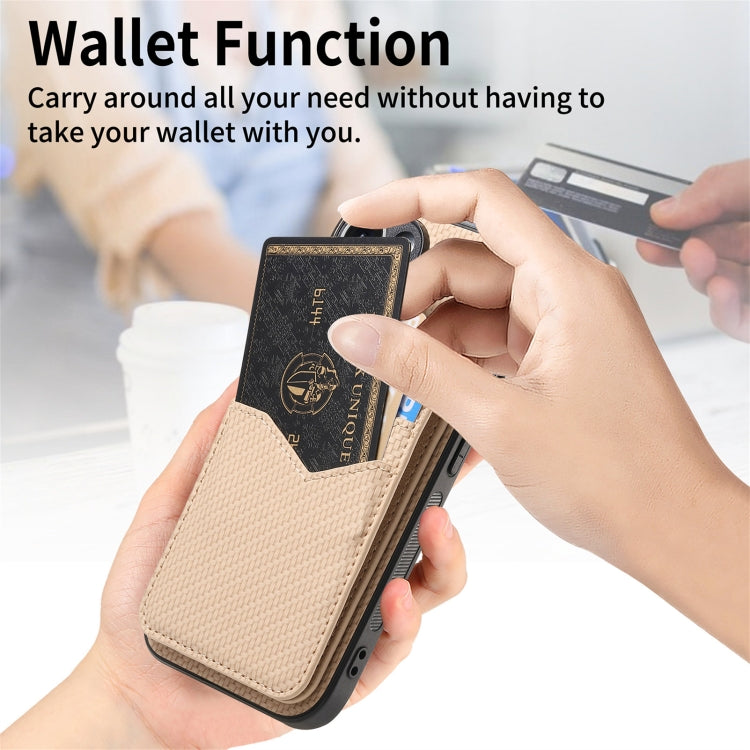 For iPhone 16 Plus Carbon Fiber MagSafe Vertical Flip Card Bag Phone Case(Khaki) - iPhone 16 Plus Cases by buy2fix | Online Shopping UK | buy2fix