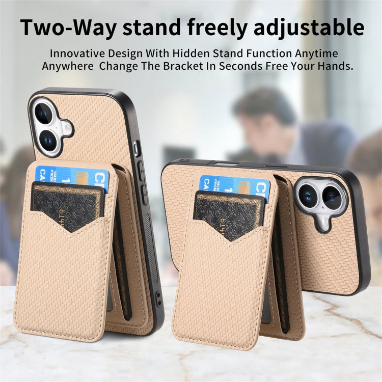 For iPhone 16 Plus Carbon Fiber MagSafe Vertical Flip Card Bag Phone Case(Khaki) - iPhone 16 Plus Cases by buy2fix | Online Shopping UK | buy2fix