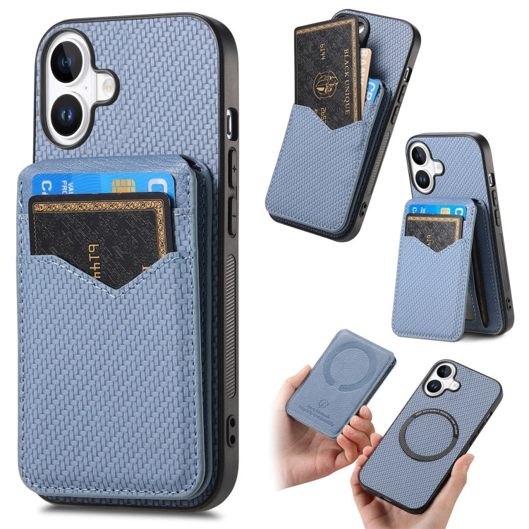 For iPhone 16 Plus Carbon Fiber MagSafe Vertical Flip Card Bag Phone Case(Blue) - iPhone 16 Plus Cases by buy2fix | Online Shopping UK | buy2fix