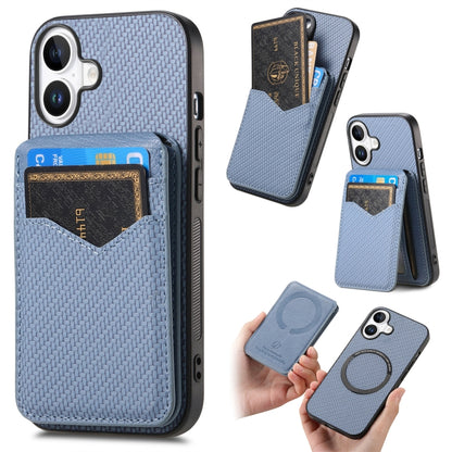 For iPhone 16 Plus Carbon Fiber MagSafe Vertical Flip Card Bag Phone Case(Blue) - iPhone 16 Plus Cases by buy2fix | Online Shopping UK | buy2fix