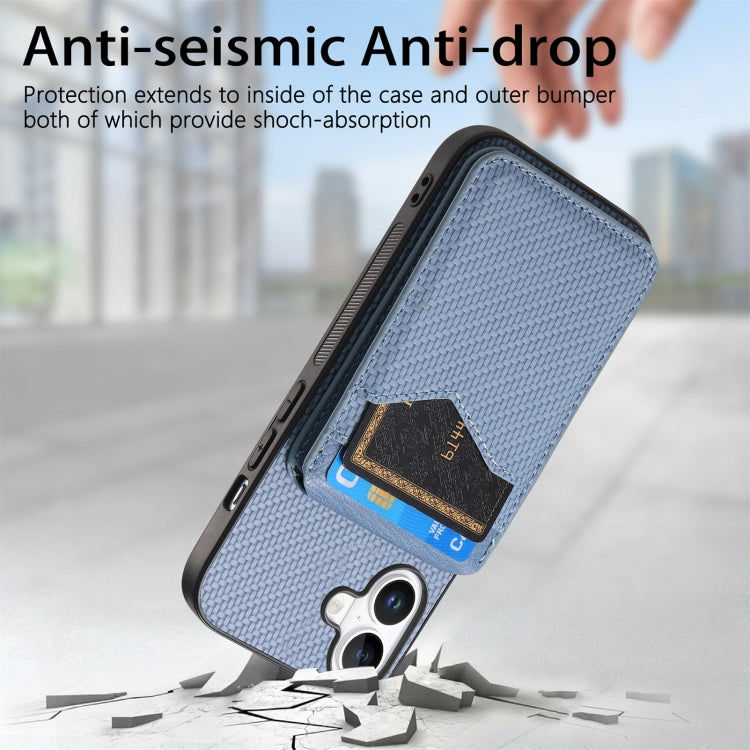 For iPhone 16 Plus Carbon Fiber MagSafe Vertical Flip Card Bag Phone Case(Blue) - iPhone 16 Plus Cases by buy2fix | Online Shopping UK | buy2fix