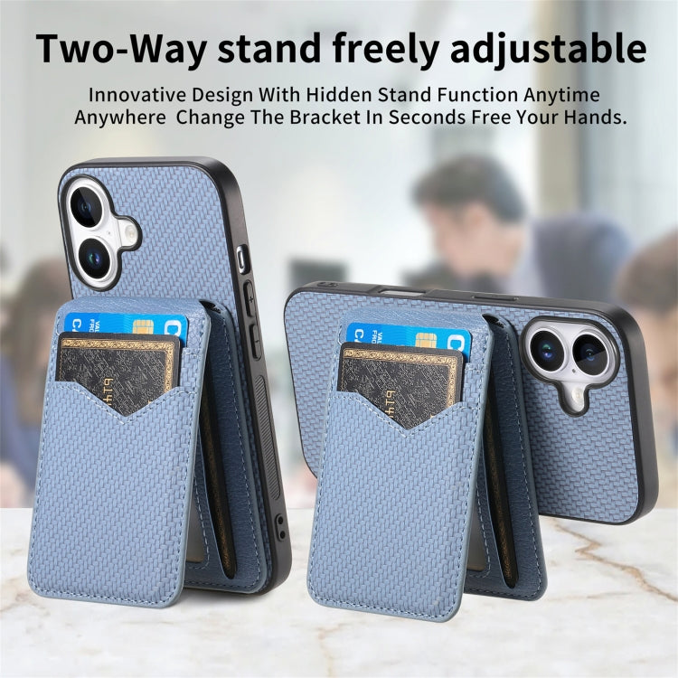 For iPhone 16 Plus Carbon Fiber MagSafe Vertical Flip Card Bag Phone Case(Blue) - iPhone 16 Plus Cases by buy2fix | Online Shopping UK | buy2fix