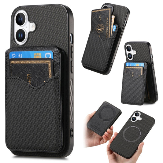 For iPhone 16 Plus Carbon Fiber MagSafe Vertical Flip Card Bag Phone Case(Black) - iPhone 16 Plus Cases by buy2fix | Online Shopping UK | buy2fix