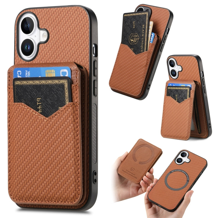 For iPhone 16 Plus Carbon Fiber MagSafe Vertical Flip Card Bag Phone Case(Brown) - iPhone 16 Plus Cases by buy2fix | Online Shopping UK | buy2fix