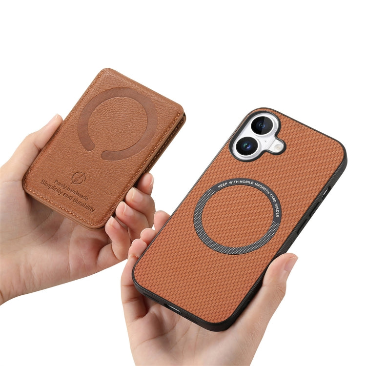 For iPhone 16 Plus Carbon Fiber MagSafe Vertical Flip Card Bag Phone Case(Brown) - iPhone 16 Plus Cases by buy2fix | Online Shopping UK | buy2fix
