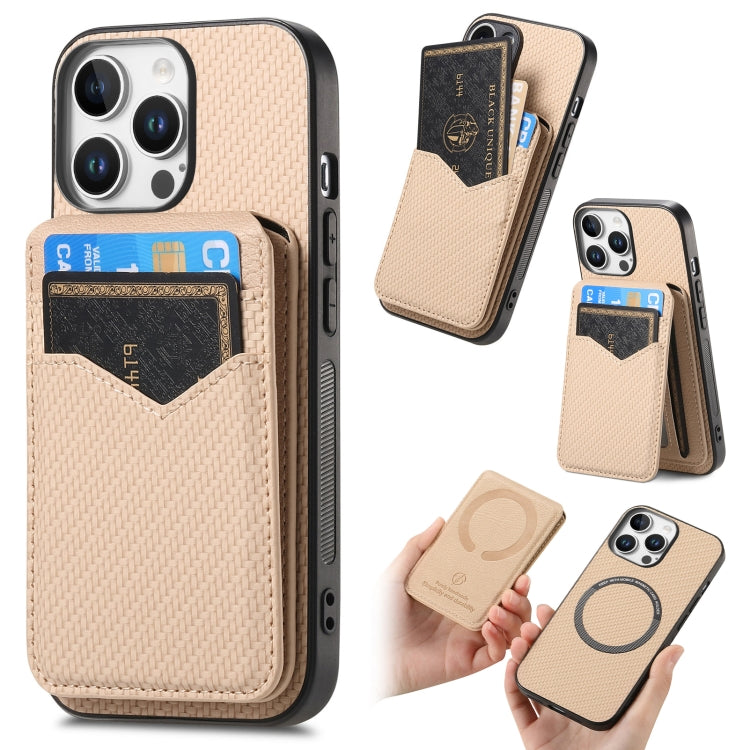 For iPhone 16 Pro Carbon Fiber MagSafe Vertical Flip Card Bag Phone Case(Khaki) - iPhone 16 Pro Cases by buy2fix | Online Shopping UK | buy2fix