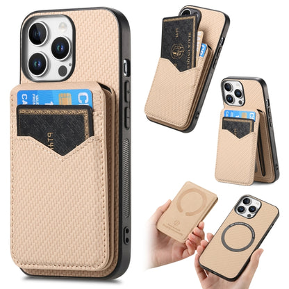 For iPhone 16 Pro Carbon Fiber MagSafe Vertical Flip Card Bag Phone Case(Khaki) - iPhone 16 Pro Cases by buy2fix | Online Shopping UK | buy2fix