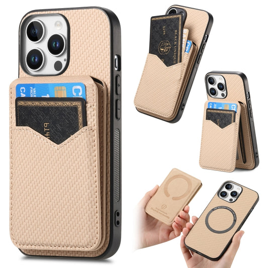 For iPhone 16 Pro Carbon Fiber MagSafe Vertical Flip Card Bag Phone Case(Khaki) - iPhone 16 Pro Cases by buy2fix | Online Shopping UK | buy2fix