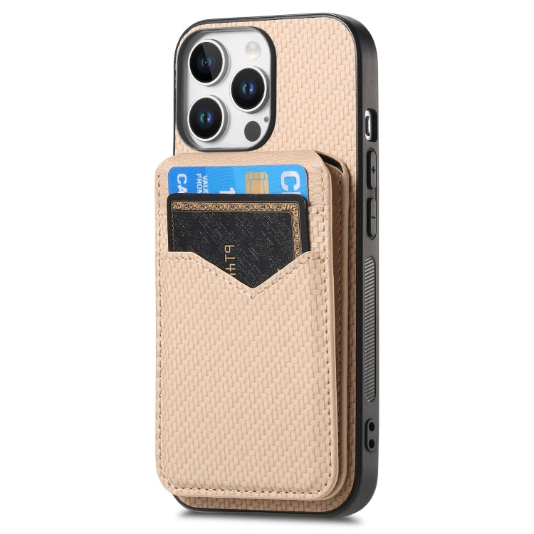 For iPhone 16 Pro Carbon Fiber MagSafe Vertical Flip Card Bag Phone Case(Khaki) - iPhone 16 Pro Cases by buy2fix | Online Shopping UK | buy2fix