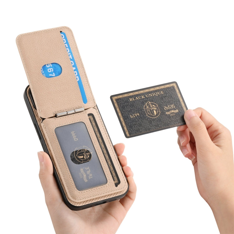 For iPhone 16 Pro Carbon Fiber MagSafe Vertical Flip Card Bag Phone Case(Khaki) - iPhone 16 Pro Cases by buy2fix | Online Shopping UK | buy2fix