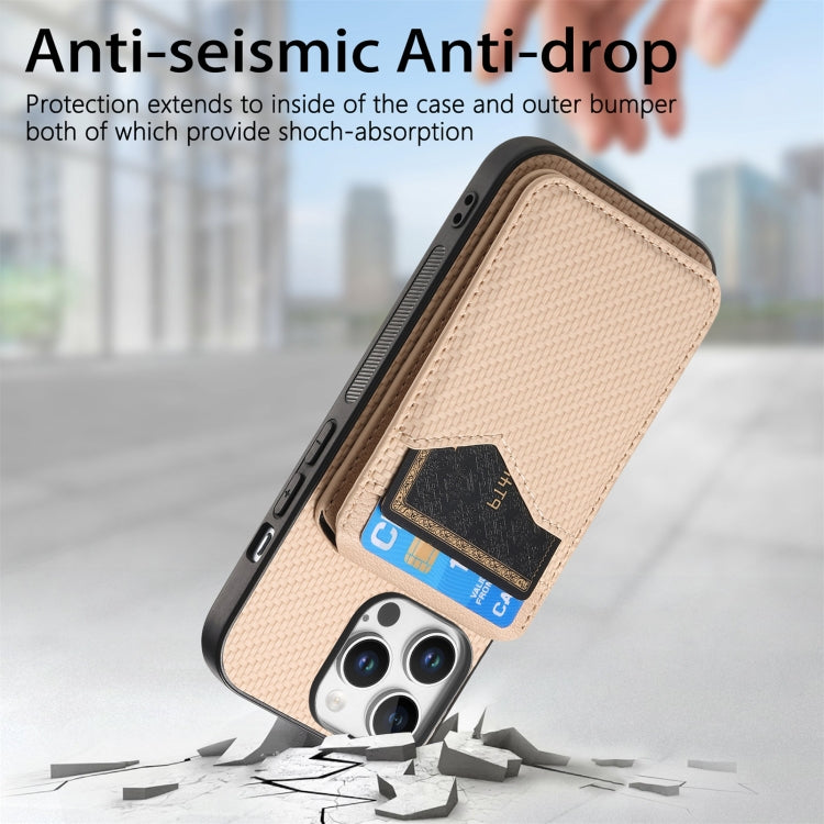 For iPhone 16 Pro Carbon Fiber MagSafe Vertical Flip Card Bag Phone Case(Khaki) - iPhone 16 Pro Cases by buy2fix | Online Shopping UK | buy2fix