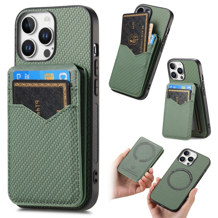 For iPhone 16 Pro Carbon Fiber MagSafe Vertical Flip Card Bag Phone Case(Green) - iPhone 16 Pro Cases by buy2fix | Online Shopping UK | buy2fix