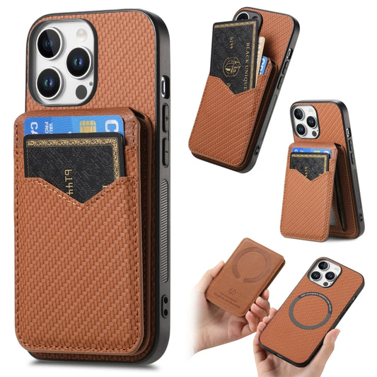 For iPhone 16 Pro Carbon Fiber MagSafe Vertical Flip Card Bag Phone Case(Brown) - iPhone 16 Pro Cases by buy2fix | Online Shopping UK | buy2fix