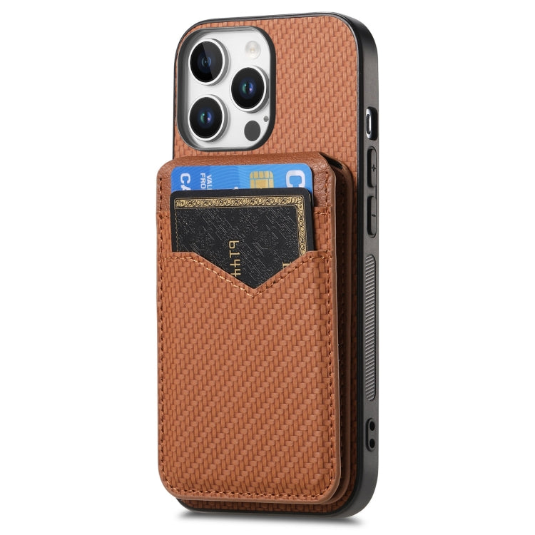 For iPhone 16 Pro Carbon Fiber MagSafe Vertical Flip Card Bag Phone Case(Brown) - iPhone 16 Pro Cases by buy2fix | Online Shopping UK | buy2fix