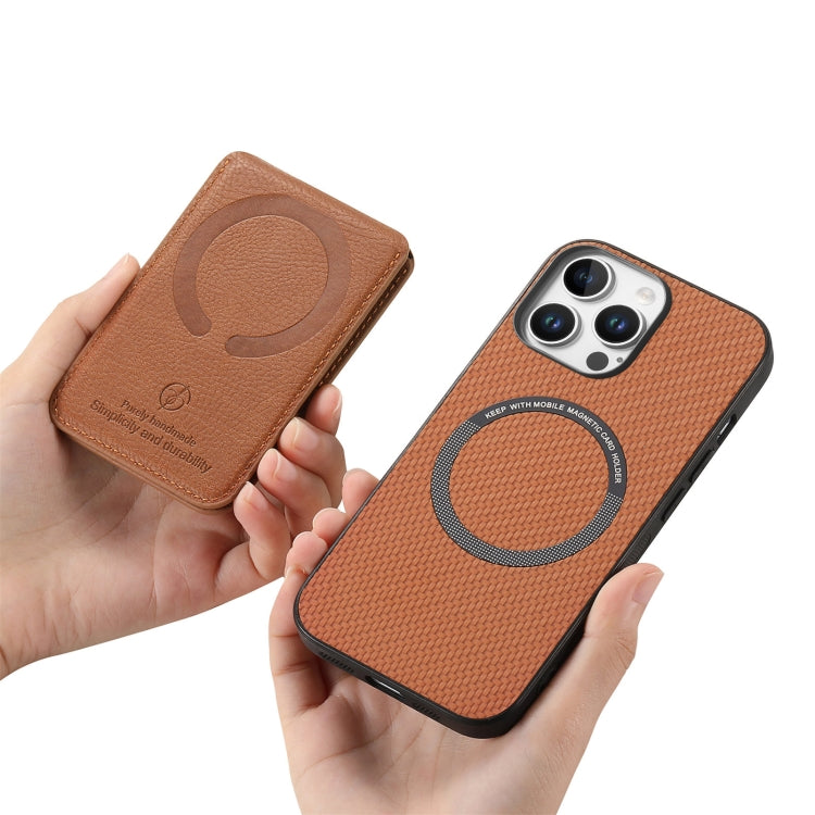 For iPhone 16 Pro Carbon Fiber MagSafe Vertical Flip Card Bag Phone Case(Brown) - iPhone 16 Pro Cases by buy2fix | Online Shopping UK | buy2fix